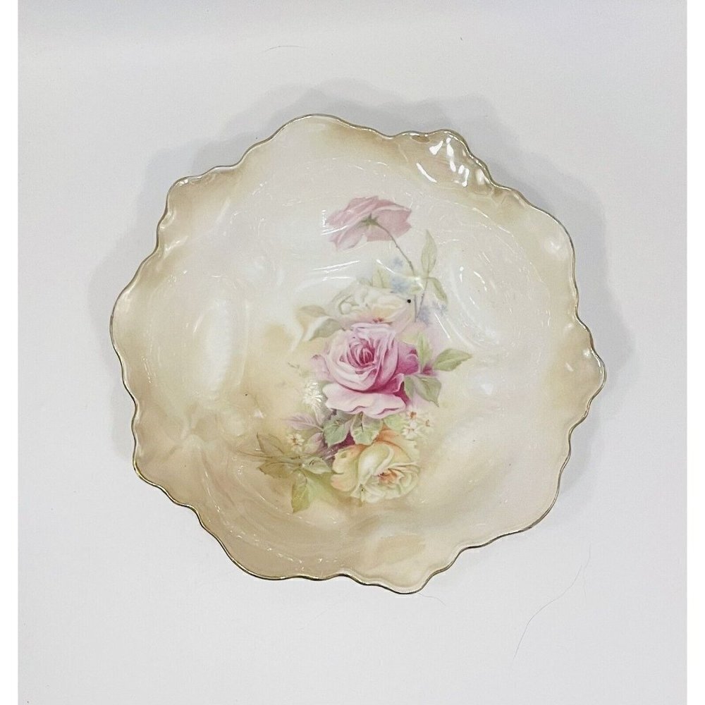 Vintage RS Germany Floral Bowl 9” Roses Enamel Handpainted Scalloped Gold Trim